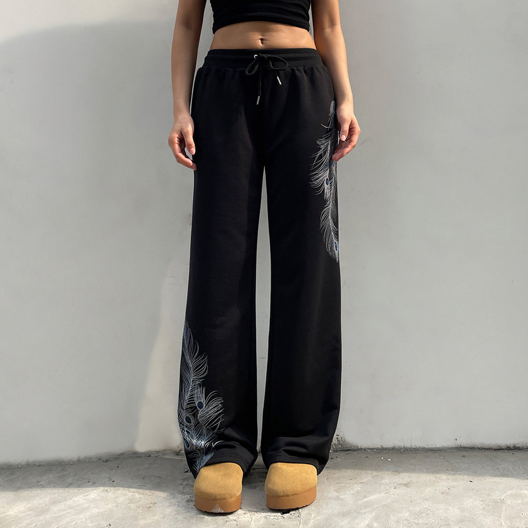 Damen nan weite Loungehose mit Kordelzug, hohem Komfortbund und Pfauenfeder-Print EB