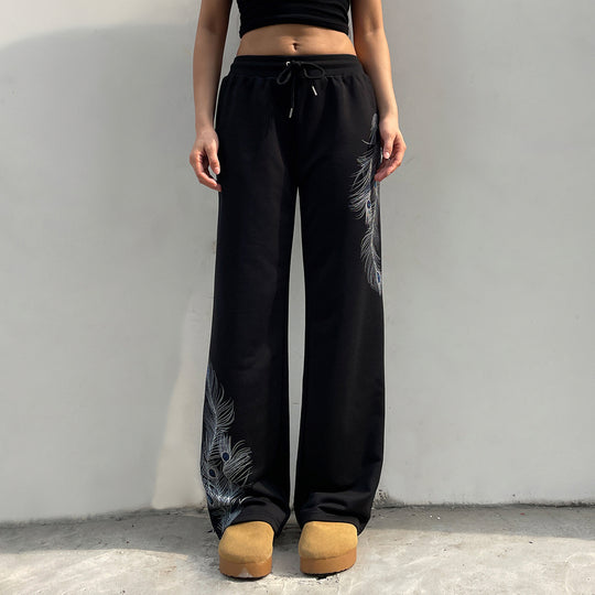 Damen nan weite Loungehose mit Kordelzug, hohem Komfortbund und Pfauenfeder-Print EB