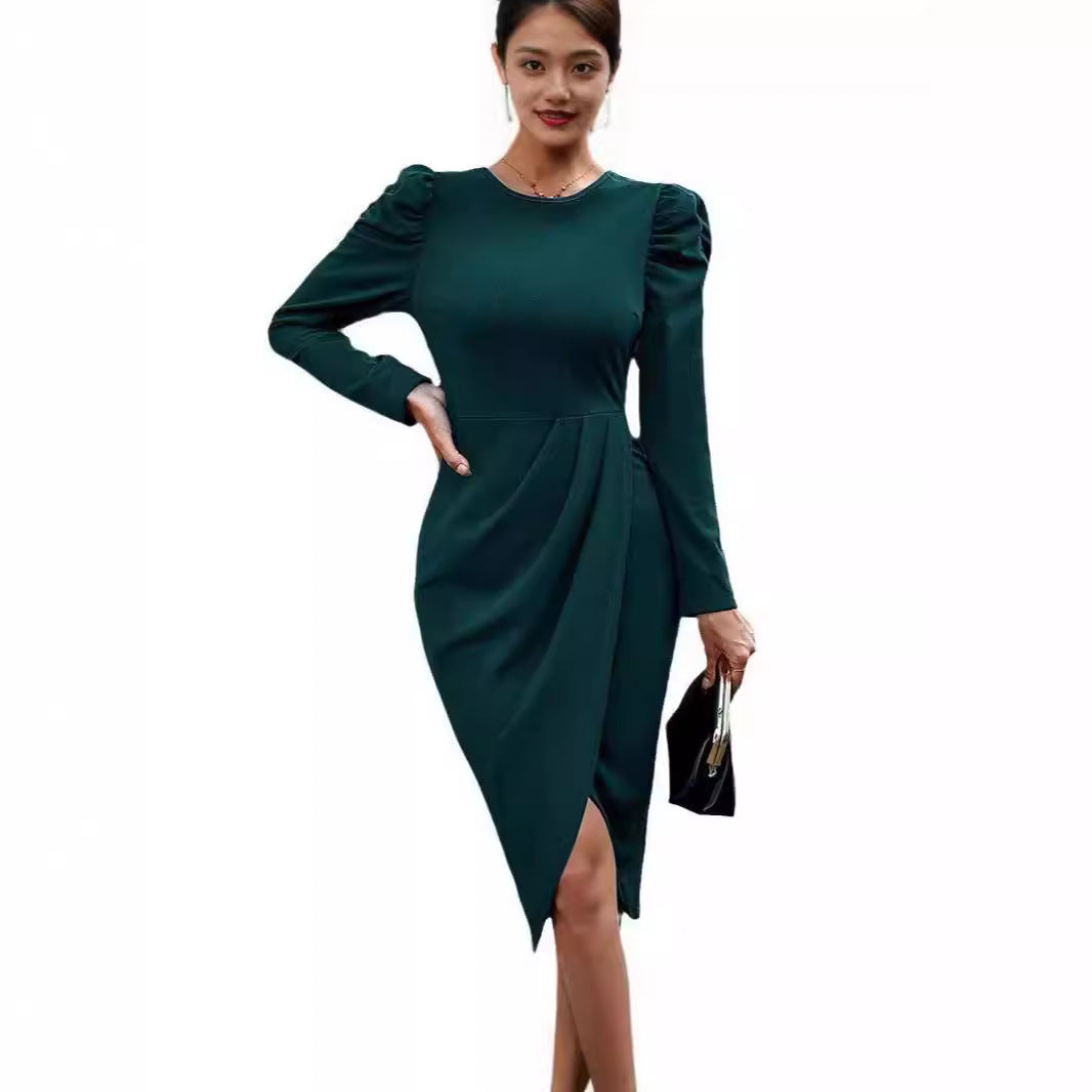 Damen elegantes Wickelkleid mit Puffärmeln und asymmetrischem Saum EB