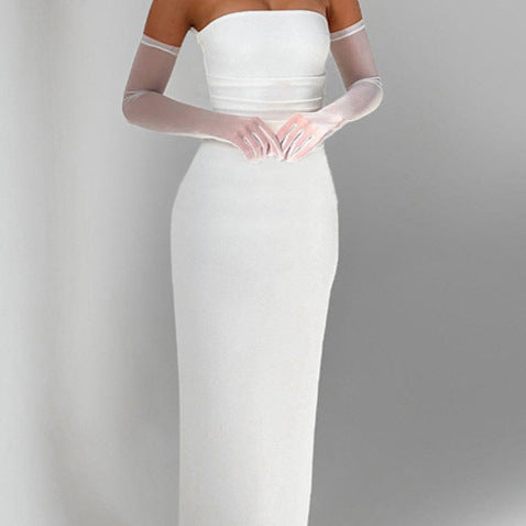 Damen Strapless Maxi-Kleid mit transparenten Ärmelakzenten und figurbetontem Schnitt EB