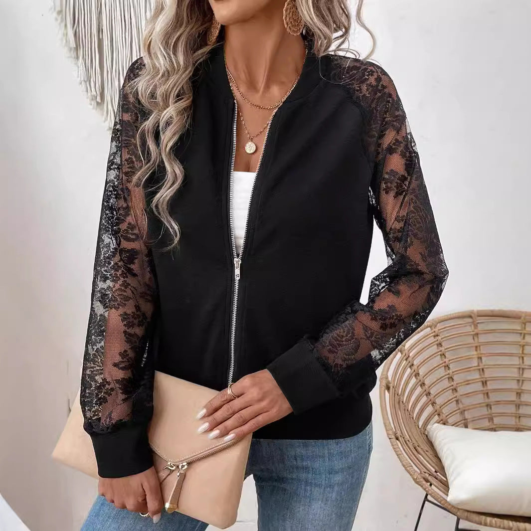 Damen nan leichte Bomberjacke mit floralen Spitzenärmeln und Reißverschluss EB