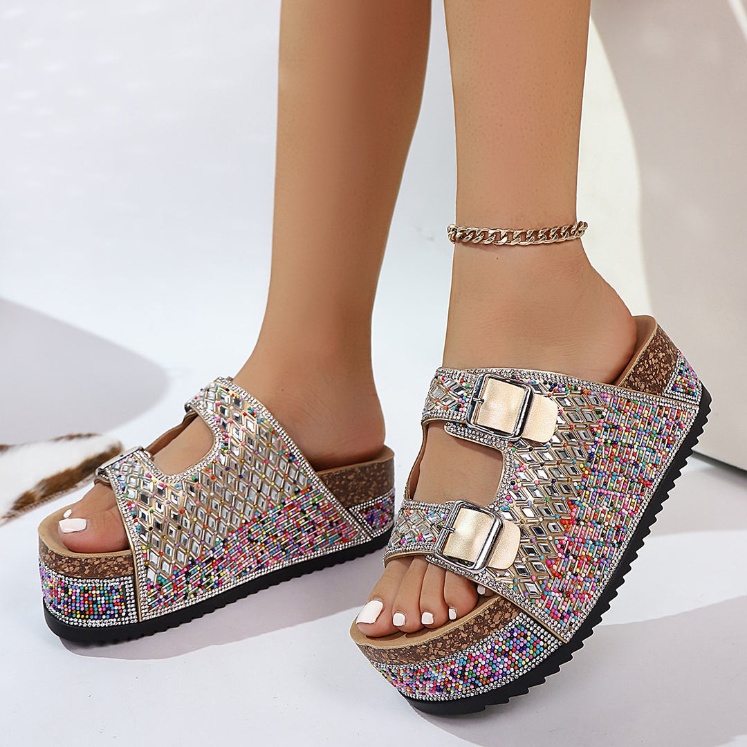 Damen Glamouröse Plateau-Sandalen mit verzierten Schnallen und rutschfester Sohle EB