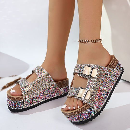 Damen Glamouröse Plateau-Sandalen mit verzierten Schnallen und rutschfester Sohle EB