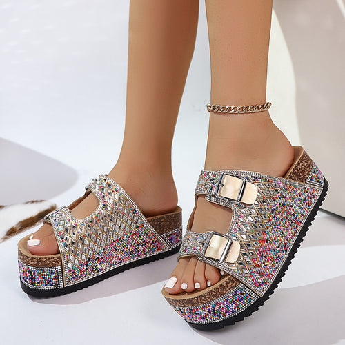 Damen Glamouröse Plateau-Sandalen mit verzierten Schnallen und rutschfester Sohle EB