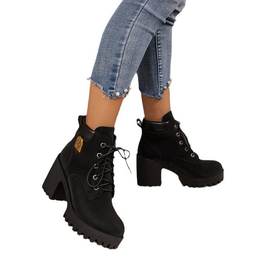 Damen modische Ankle Boots mit robustem Blockabsatz und elegantem Schnürdesign EB