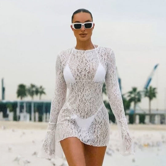 Damen elegantes Spitzen-Strandkleid mit langem Arm und durchscheinendem Design EB