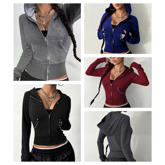Damen modische Zip-Hoodie mit Silberschmuck-Details EB