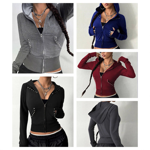 Damen modische Zip-Hoodie mit Silberschmuck-Details EB