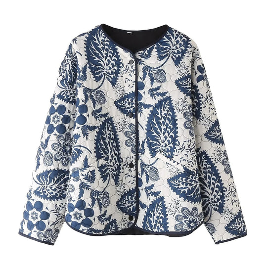 Damen gestepptes Blumenjacke mit innovativen Tasche und Rundhals EB