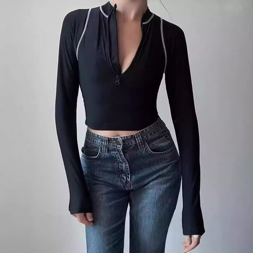 Damen Sportliches langärmliges Crop-Top mit Reißverschluss EB