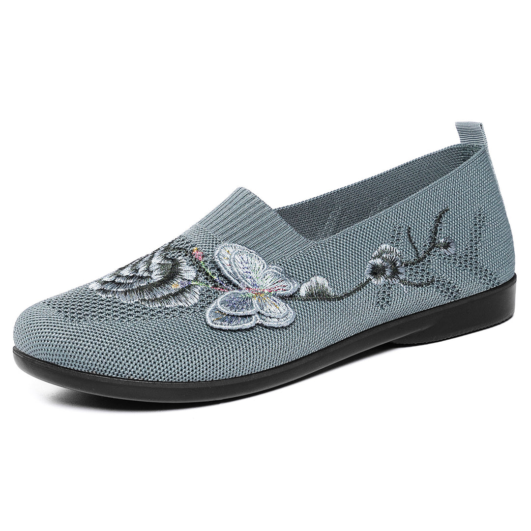 Damen nan bestickter Strick-Slipper mit sockenähnlichem Einstieg, floralem Stickmotiv und gedämpfter Leichtsohle EB