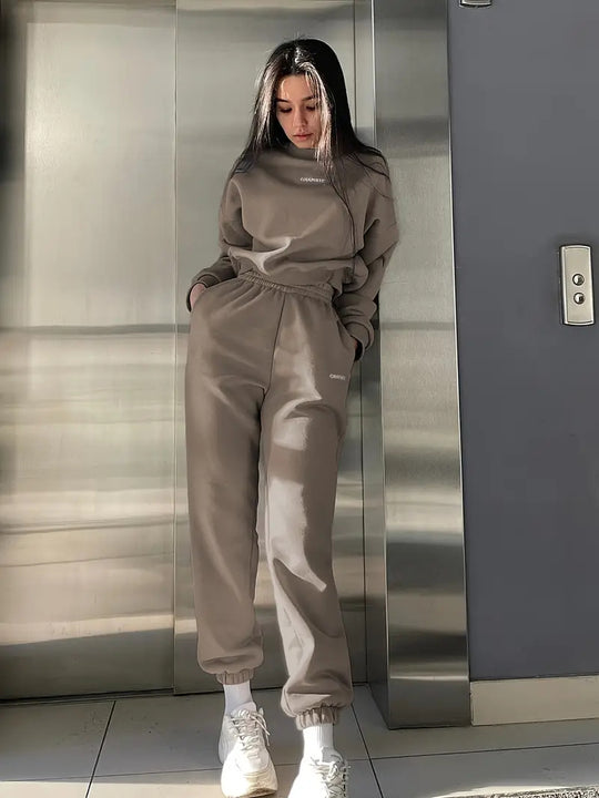 Damen nan Oversized kurz geschnittenes Sweatshirt mit High Waist Fleece Jogginghose Set EB