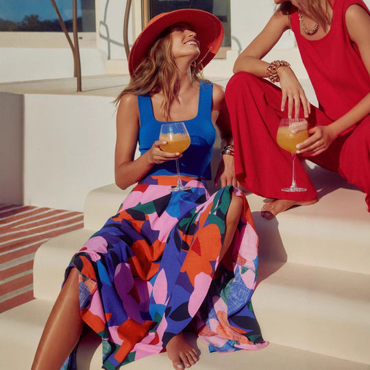 Damen Maxi-Rock mit buntem Blumendesign und fließendem Fall EB