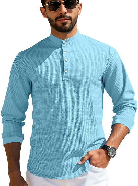 Herren nan strukturiertes Langarm-Henley mit Nehru-Kragen und Ton-in-Ton-Knopfleiste EB