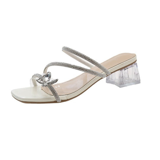 Damen glamouröse Sandalen mit funkelndem Riemen und transparentem Blockabsatz EB