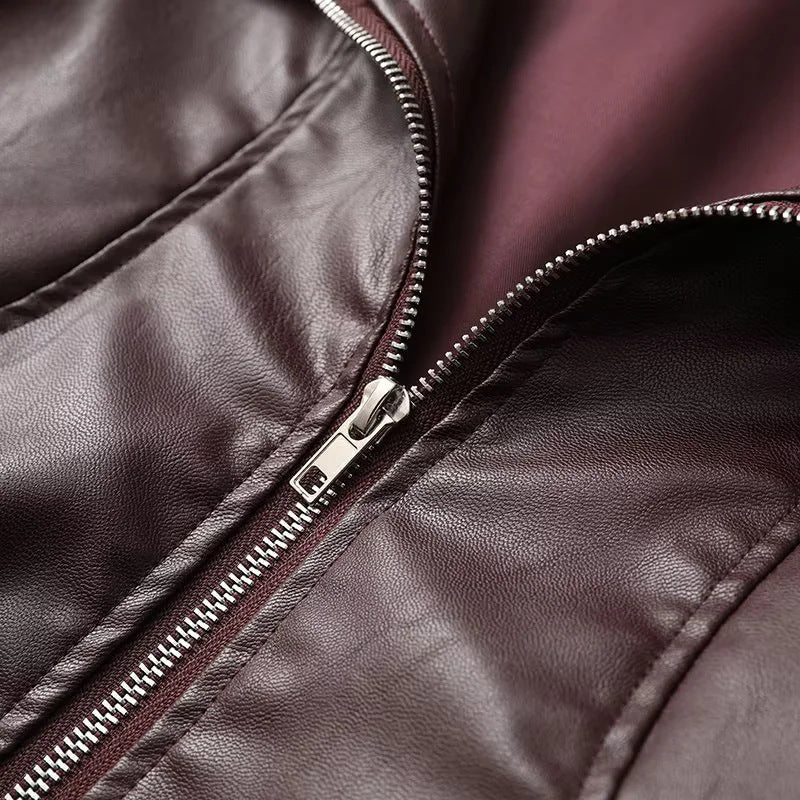 Damen modische Kunstlederjacke mit elegantem Revers und praktischen Taschen EB