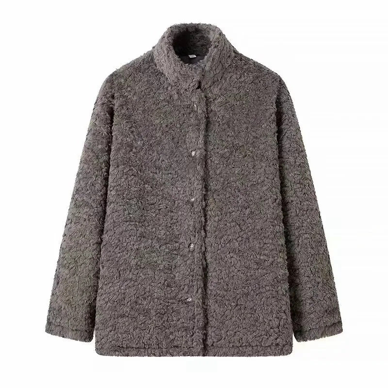 Damen kuschelige Fleecejacke mit hohen Kragen und Druckknopfverschluss EB