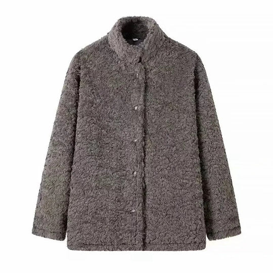 Damen kuschelige Fleecejacke mit hohen Kragen und Druckknopfverschluss EB