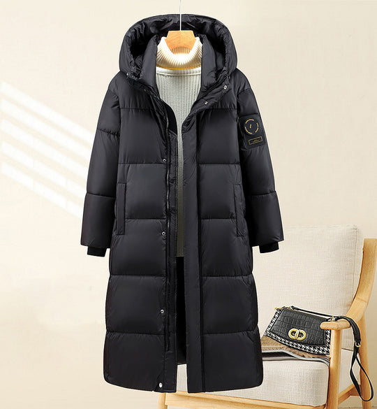 Damen nan extralang gesteppter Thermoparka mit ergonomischer Kapuze, innenliegenden Rippbündchen und verdeckter Frontblende EB
