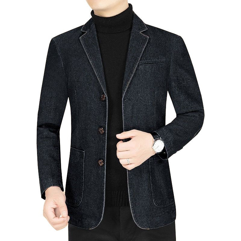 Herren Jeansblazer Slim Fit mit Aufgesetzten Taschen und Notch-Kragen EB