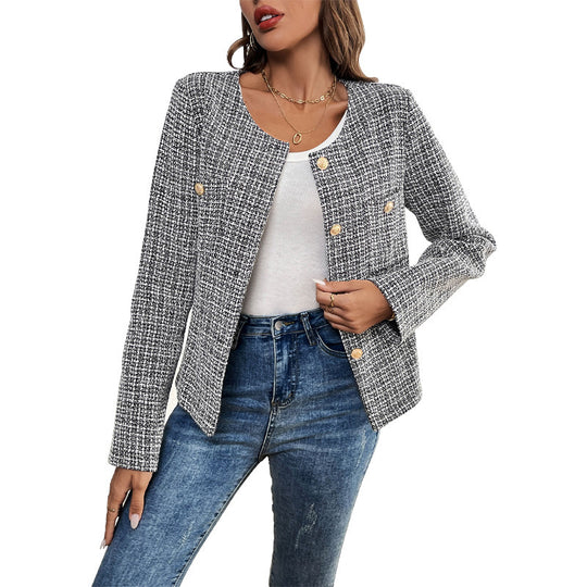 Damen Elegante Tweedjacke mit doppelter Knopfleiste und strukturiertem Gewebe EB