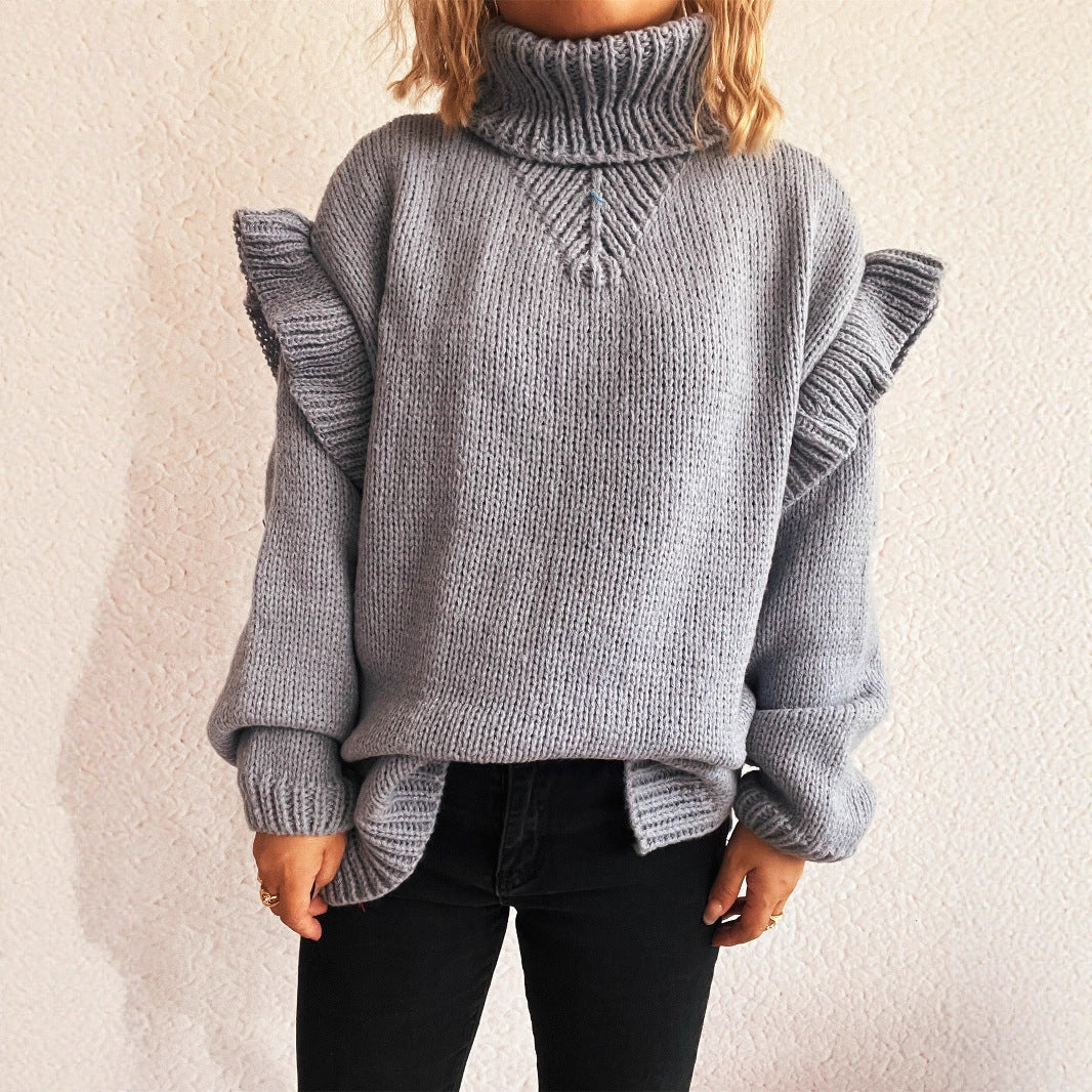 Damen kuscheliger Strickpullover mit Rüschenärmeln und hohem Kragen EB