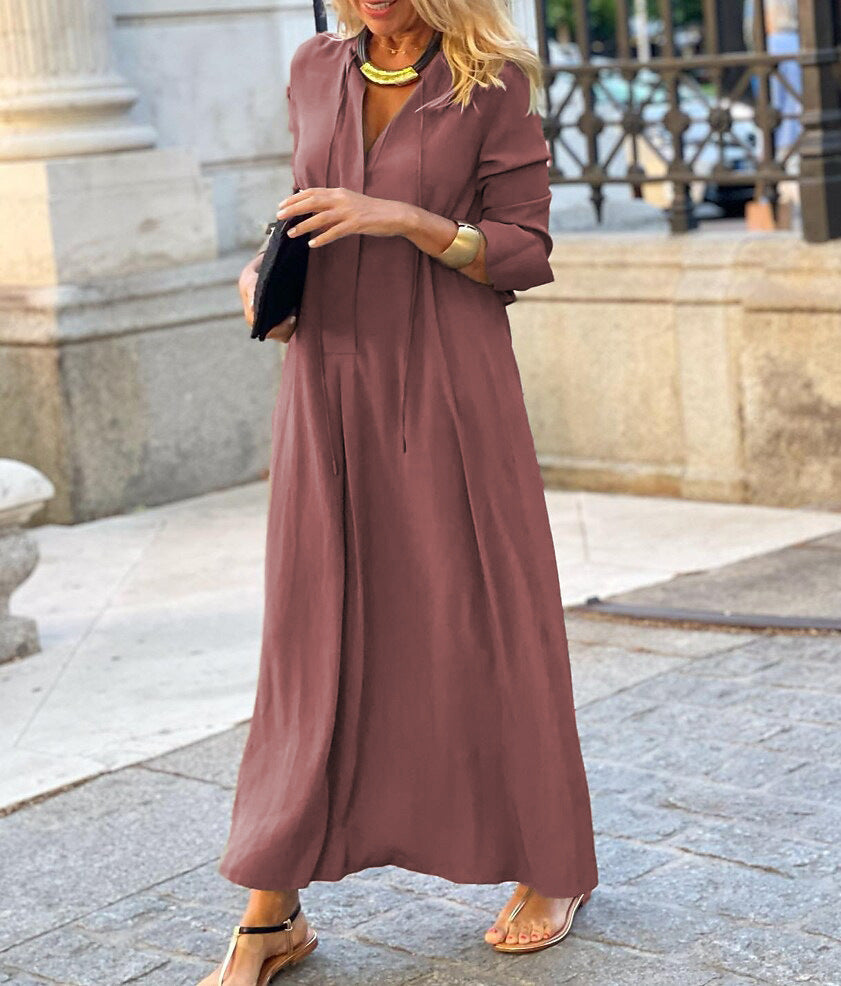 Damen lässiges Maxikleid mit tiefem V-Ausschnitt und eleganten Bindebändern EB