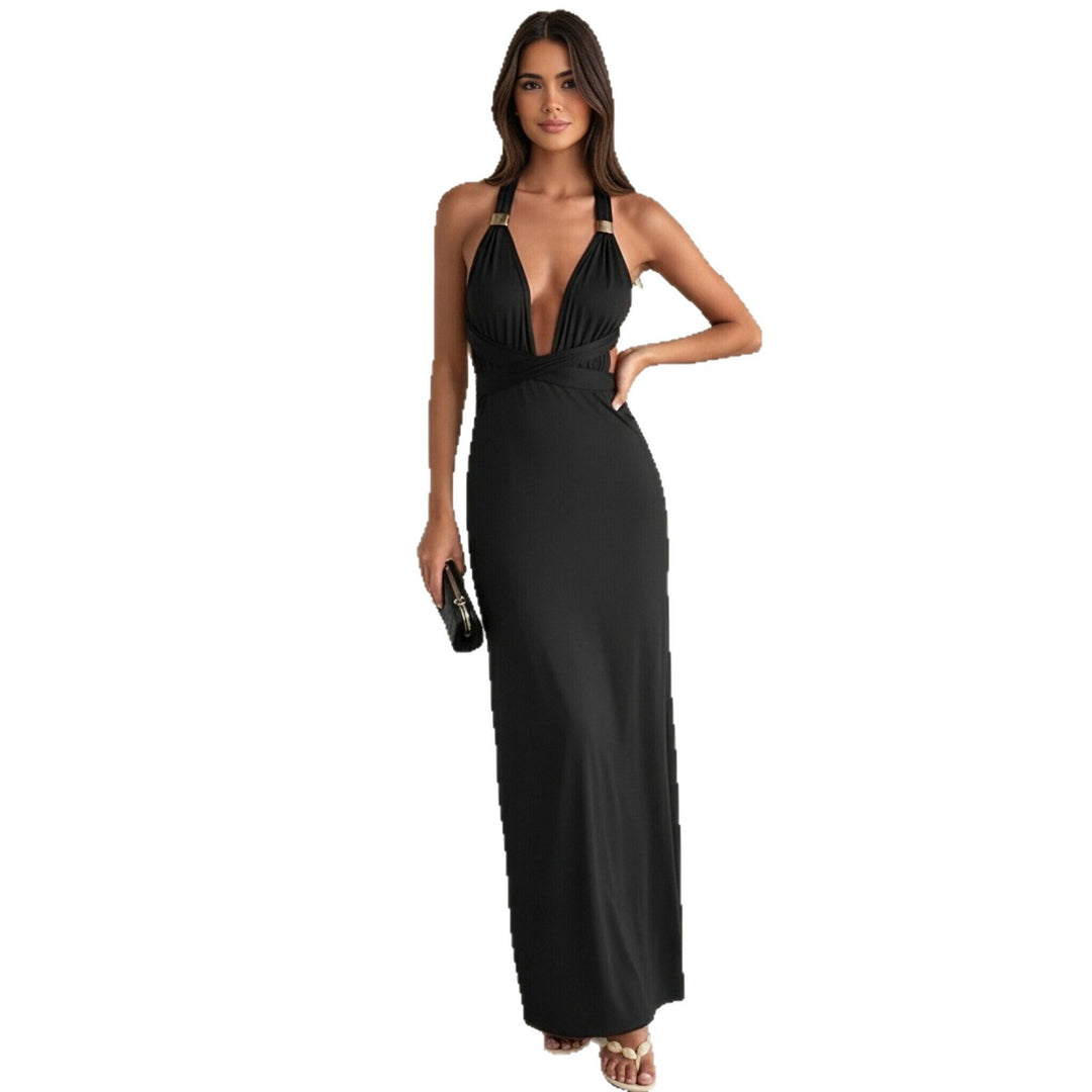 Damen Elegantes Maxikleid mit tiefem V-Ausschnitt und dekorativen Trägern EB