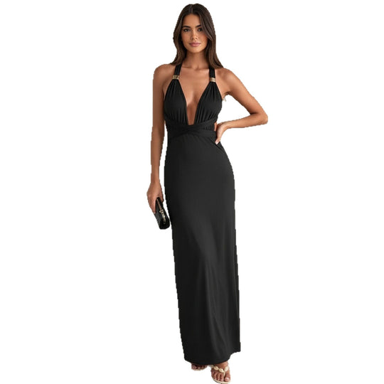 Damen Elegantes Maxikleid mit tiefem V-Ausschnitt und dekorativen Trägern EB