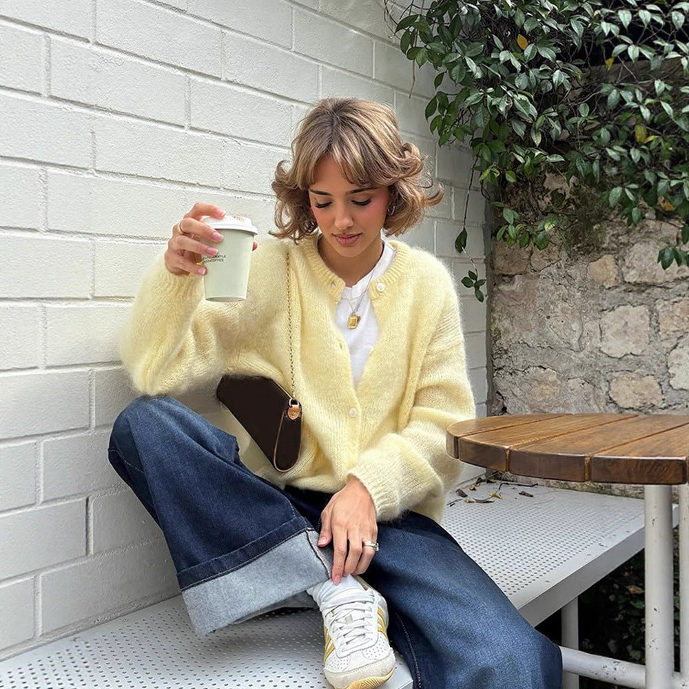 Damen weicher Strickcardigan mit großen Puffärmeln EB