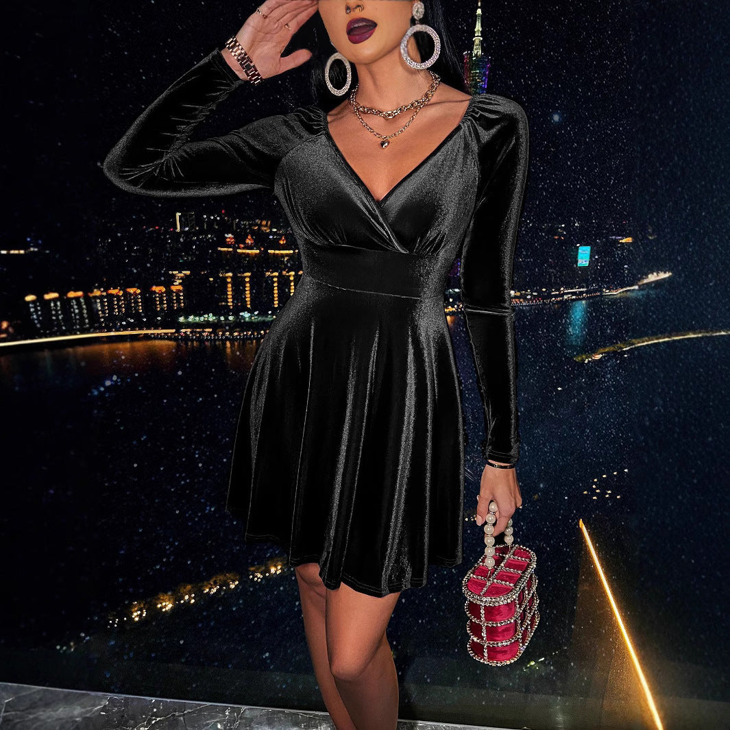 Damen Samt-Wickelkleid mit taillierter Silhouette, V-Ausschnitt und ausgestelltem Rock EB