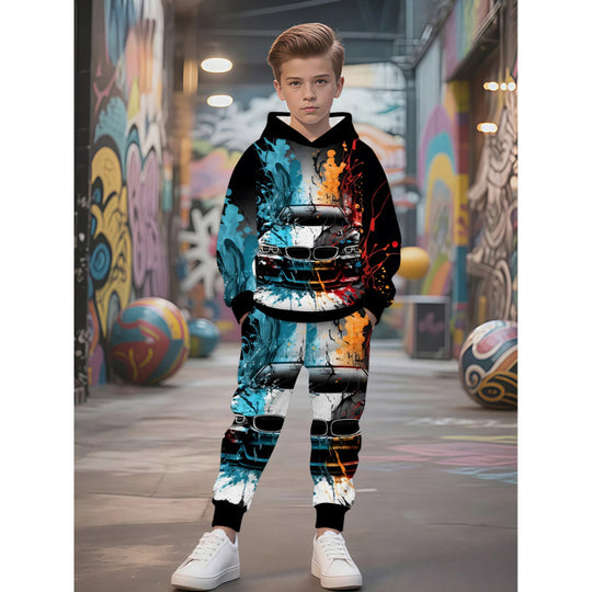 Unisex nan Kinder Jogginganzug mit Kapuzenpullover und detailreichem Auto-Print EB