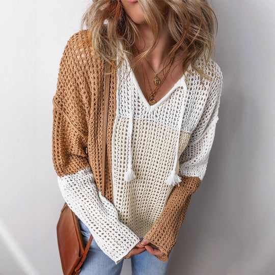 Damen luftiger Strickpullover mit modernem Netzstruktur-Design und dekorativen Kordeln EB