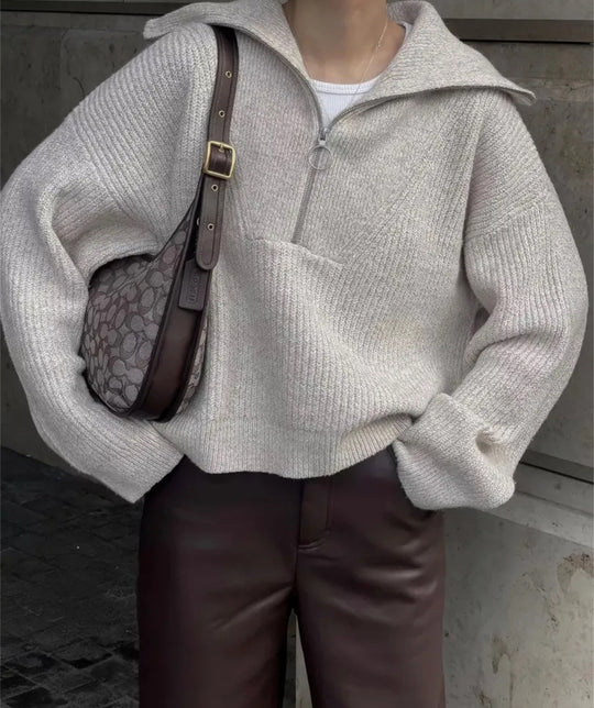Damen Strickpullover mit Reißverschluss und lässigem Schnitt EB