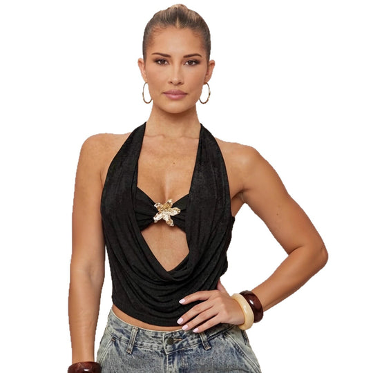 Damen Haltertop mit tiefem V-Ausschnitt und eleganter Drapierung EB