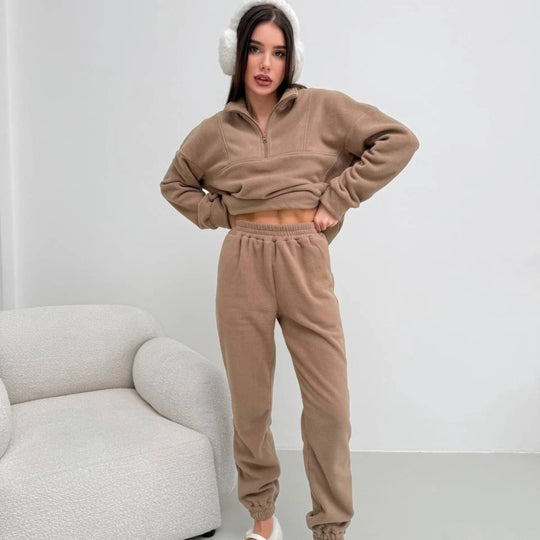 Damen Kuscheliges Fleece-Loungewear-Set mit halbem Reißverschluss und elastischer Jogginghose EB