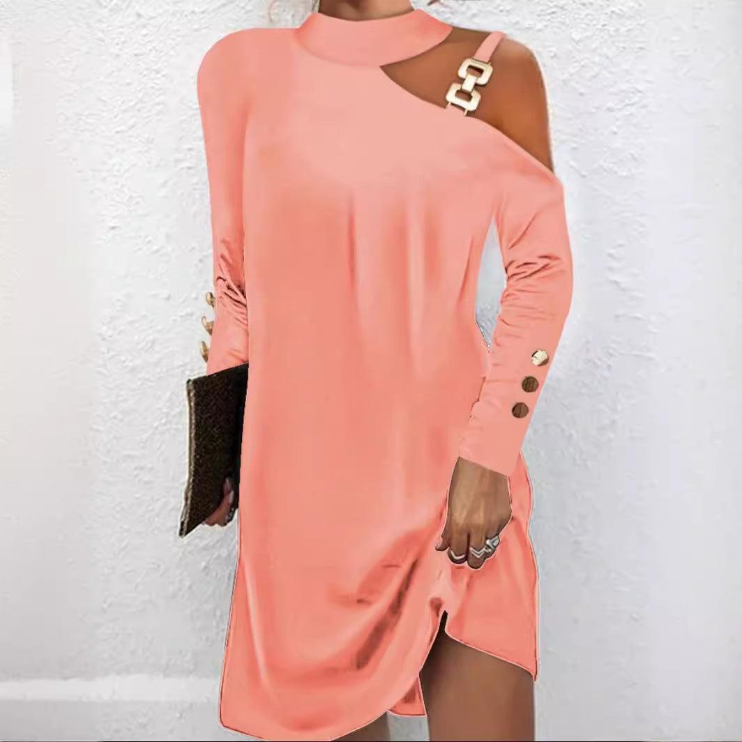 Damen nan asymmetrisches Minikleid mit Stehkragen, Cut-Out-Schulter und Zierkettenträger EB