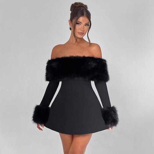 Damen Off-Shoulder Cocktailkleid mit eleganten Flauschesäumen EB