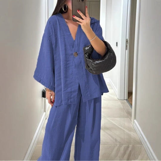 Damen nan lockeres Leinenoptik-Zweiteiler mit Kimono-Blazer und weitem Palazzo-Hose EB
