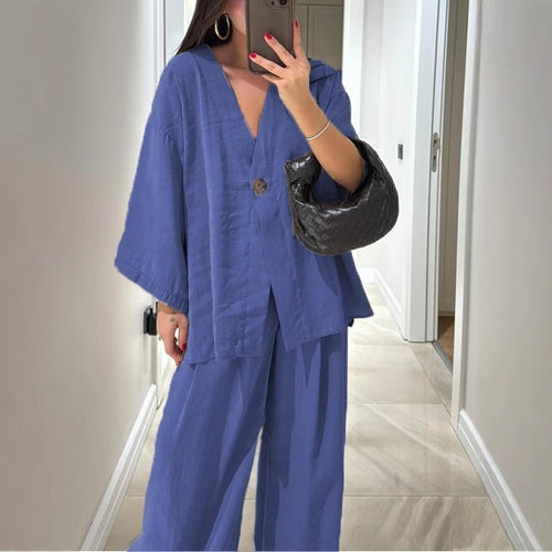 Damen nan lockeres Leinenoptik-Zweiteiler mit Kimono-Blazer und weitem Palazzo-Hose EB
