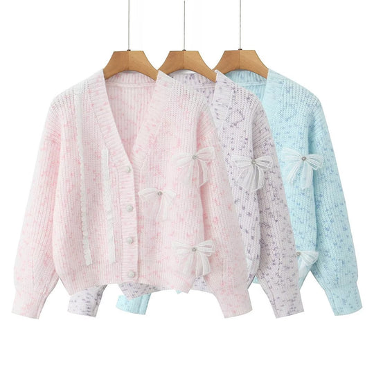 Damen Strickjacke mit dekorativen Schleifen und zartem Muster EB