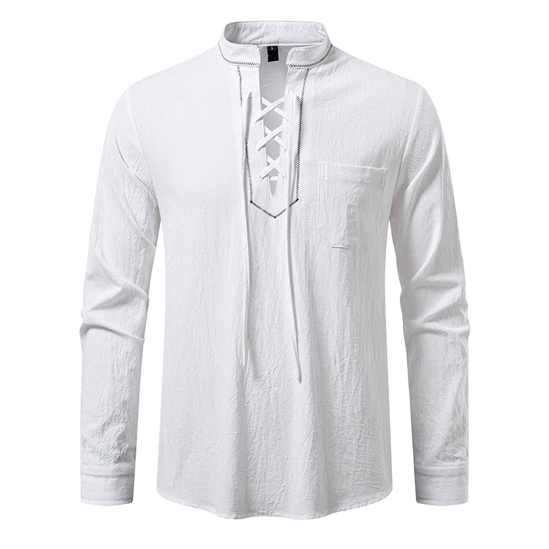 Herren Langarmshirt mit hochwertigem Stehkragen und dekorativer Schnürung EB