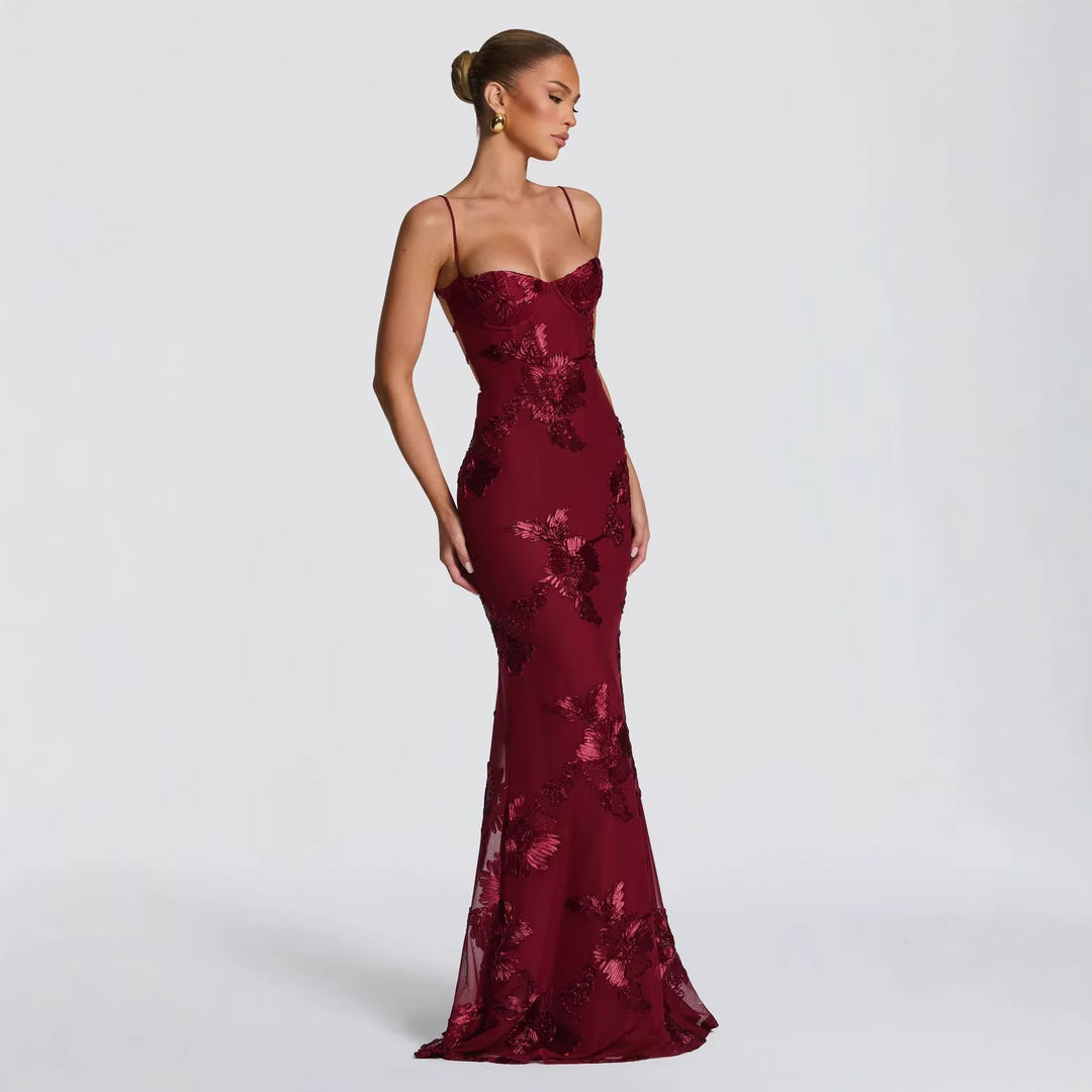 Damen figurbetontes Abendkleid mit floralem Stickdesign und hochwertigem Stoff EB