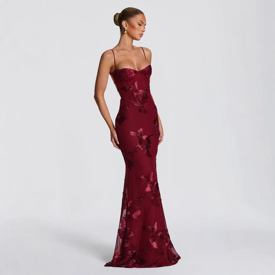 Damen figurbetontes Abendkleid mit floralem Stickdesign und hochwertigem Stoff EB