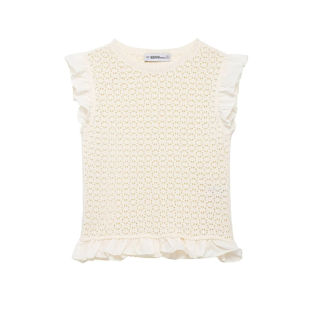Damen Rüschenshirt mit feiner Lochstickerei und gerafftem Saum EB