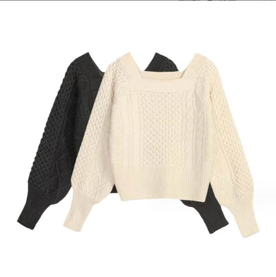 Damen Grobstrickpullover mit modernen Zopfdetails und quadratischem Ausschnitt EB