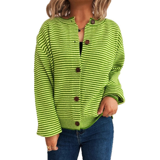 Damen gestreifte Strickjacke mit modernem Kragen und Knopfverschluss EB