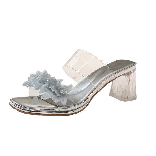 Damen Transparente Mules mit floralem Design und glitzerndem Blockabsatz EB