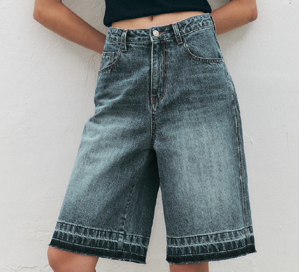 Damen Hoch taillierte Denim-Shorts mit weitem Bein und modischer Struktur EB