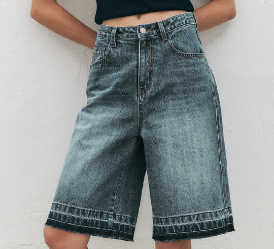 Damen Hoch taillierte Denim-Shorts mit weitem Bein und modischer Struktur EB
